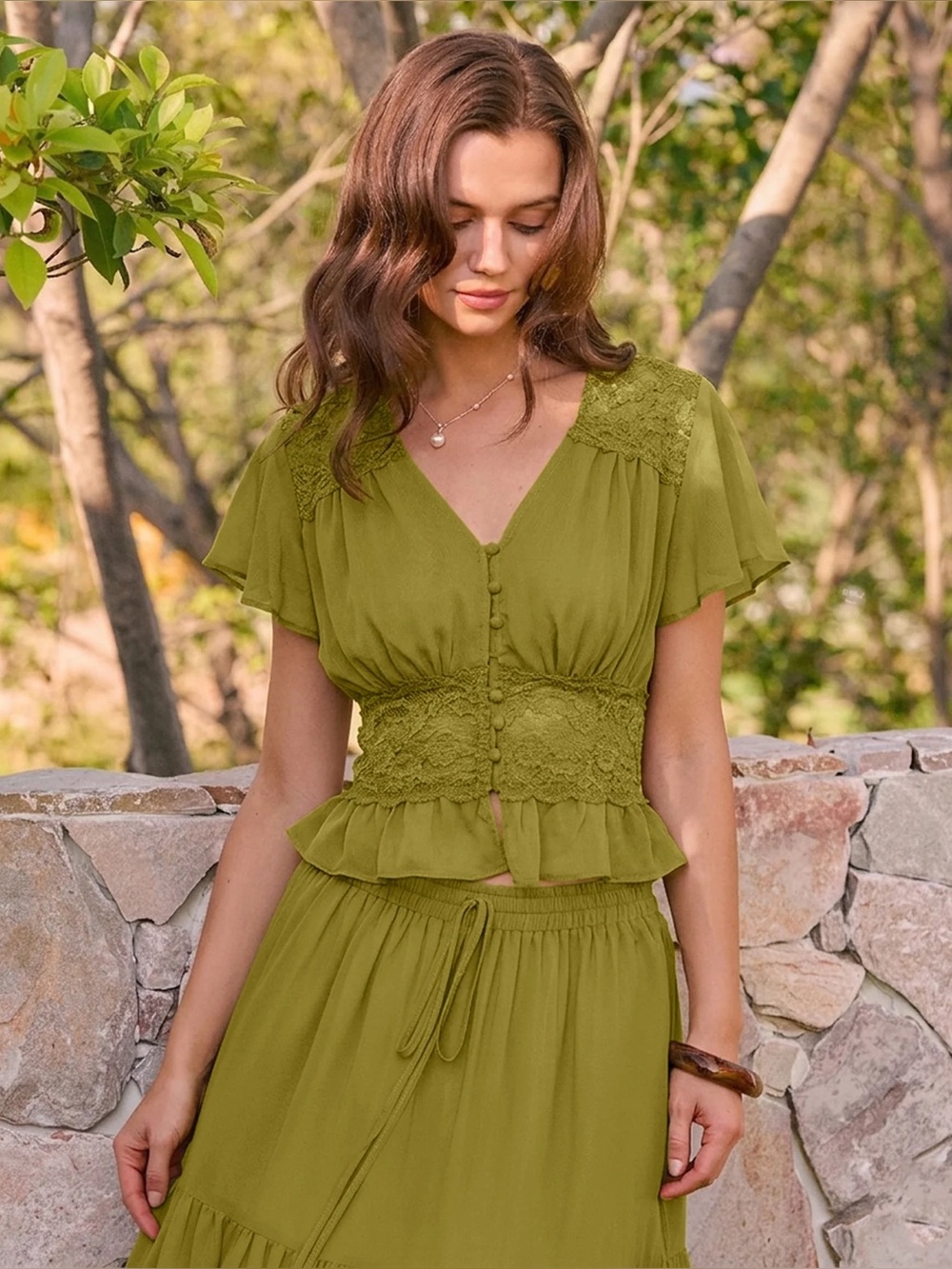Rihoas Green V Neck Ruched Blouse
